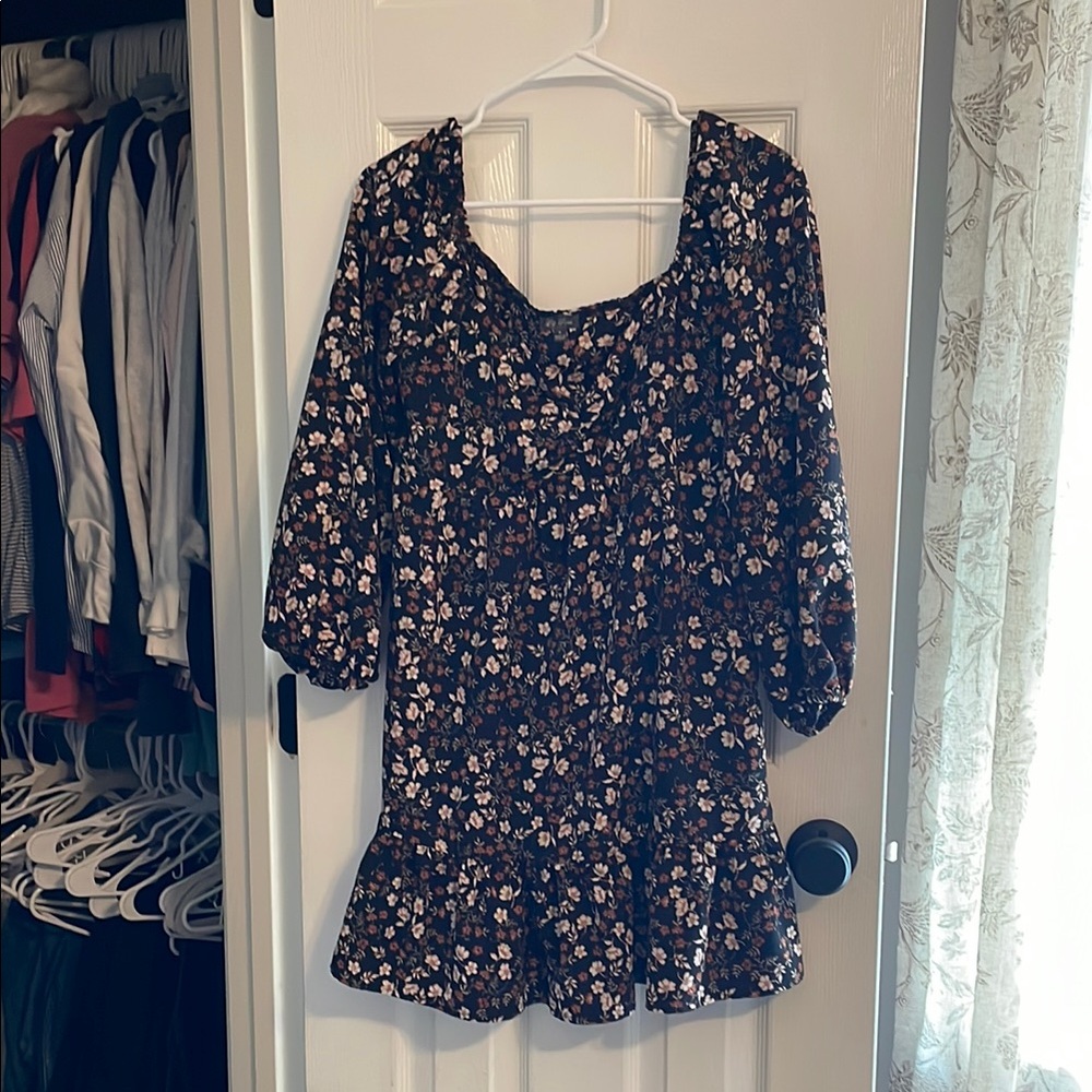 Lily Rose Black with white and brown flowers . Ruffled dress, long sleeve.